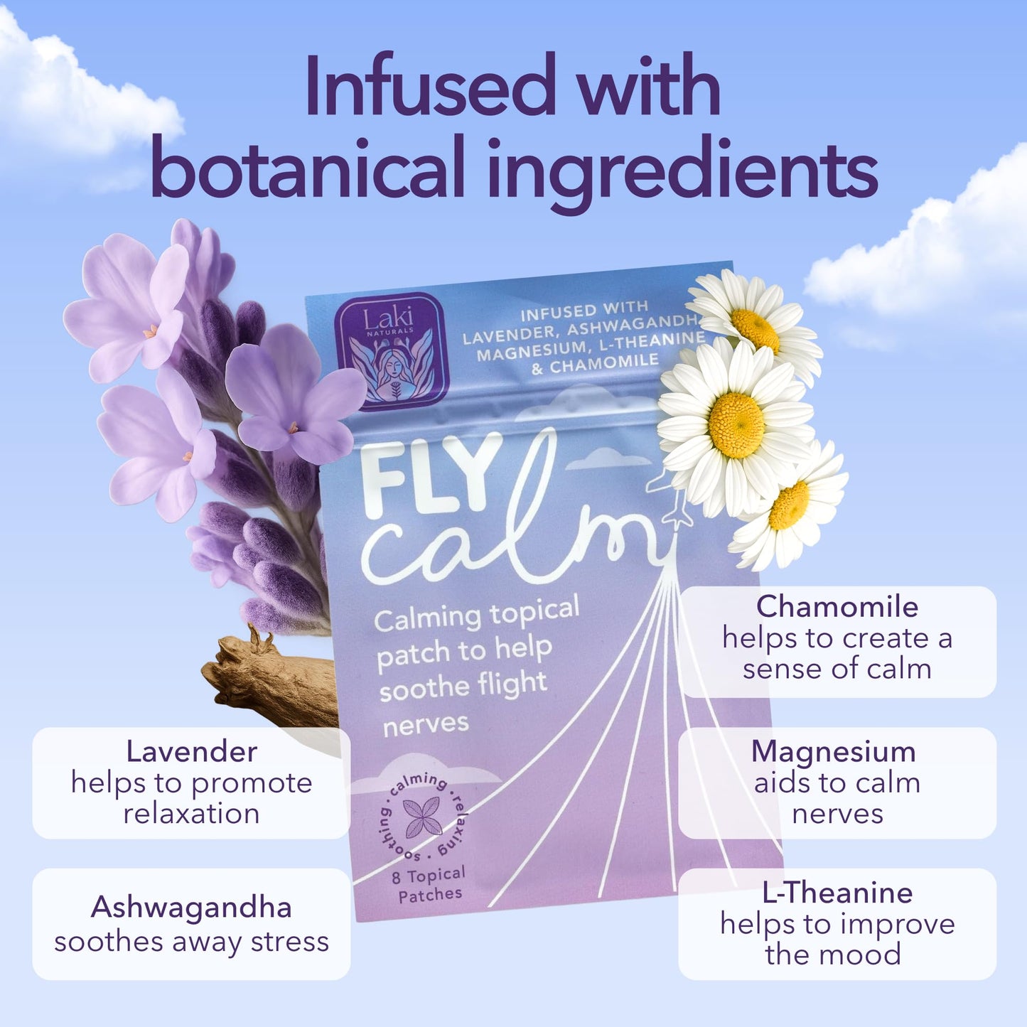 Laki Naturals Fly Calm Patch (1 Count, Pack of 8) - Relax Nerves, Support Stress - Natural Ingredients to Support Airplane Stress - Calm Your Fear of Flying Naturally