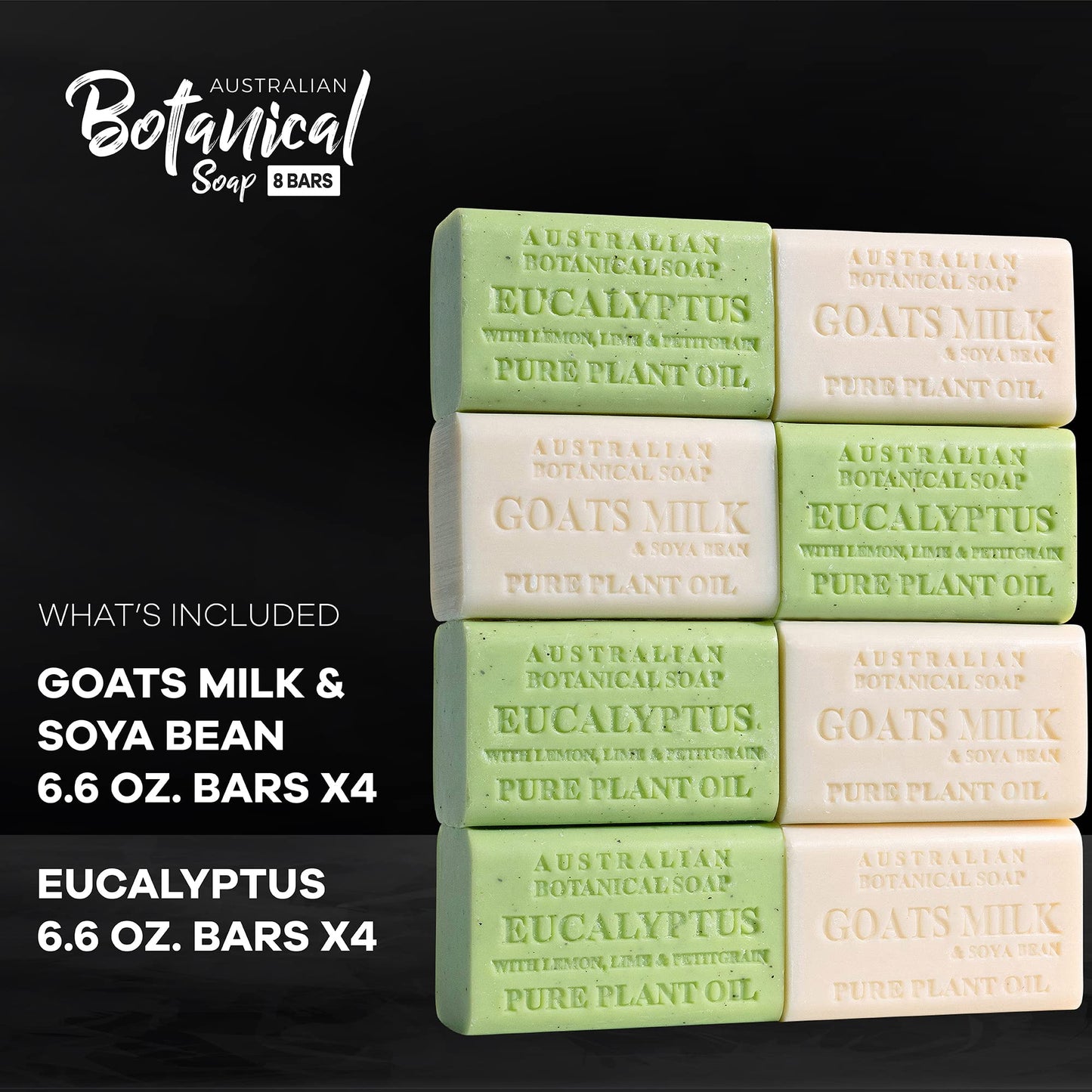 Australian Botanical Men's Soap Bars, Duo Pack Luxury Body and Beard Bars, Eucalyptus and Goats Milk Soap, Gift for Men, 6.6 oz. 4 Bars of Each, 8 Pack