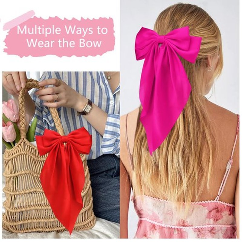 Atoden Hair Bows Silky Satin Bows for Hair Ribbons 4Pcs Coquette Oversized Long Tail Hair Bow Clips Barrettes Big Bowknot Hair Accessories for Women Girl Trendy Stuff Gifts (Red Green Hot Pink Black)