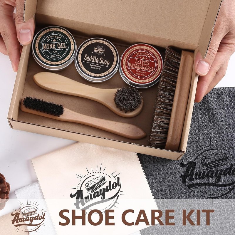 Leather Care Kit - 10 PCS Horsehair Brushes, Saddle Soap & Mink Oil | Boot & Shoe Shine Essentials for Men