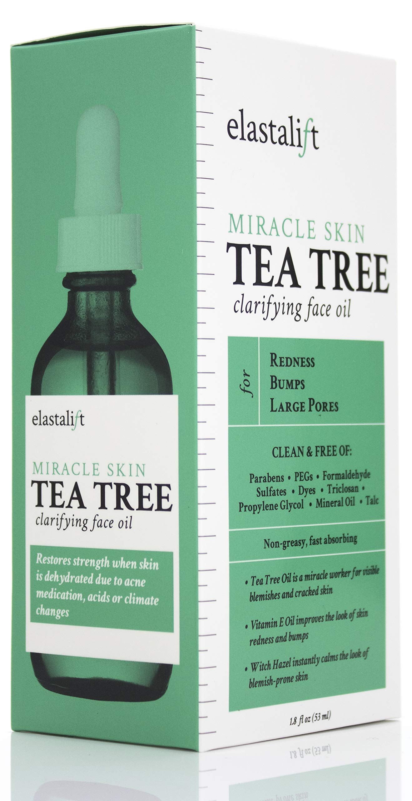 Elastalift Tea Tree Oil Facial Spot Treatment W/Witch Hazel Clarifying Tea Tree Oil For Face Helps Target Redness, Acne, Bumps, Dry Itchy Skin, & Large Pores. Non-Irritating Formula, 1.8 Fl Oz