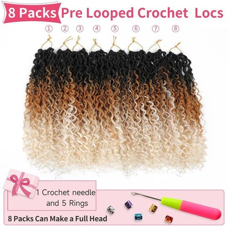 Alicoco Goddess Locs Crochet Hair 14 Inch 8 Packs Faux Locs Crochet Hair For Women Boho Soft Locs Pre-looped River Crochet Locs With Curly Ends (14 Inch (Pack of 8), 1B/27/613)