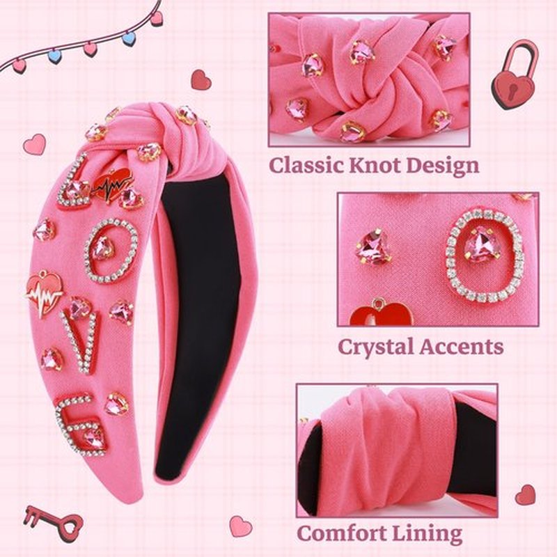 MOSOTECH Love Crystal Headband for Women, Rhinestone Love Heart Knotted Headbands Jeweled Wide Top Knot Hairband Hair Accessories for Valentine's Day Birthday Gifts (RosePink)