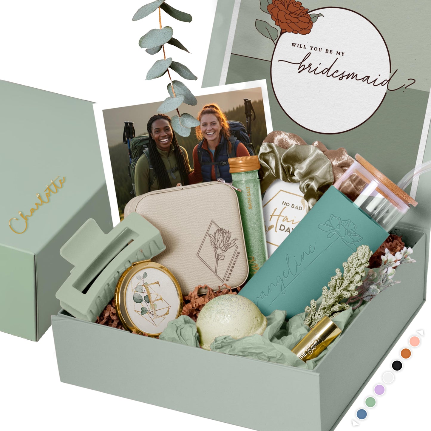 Personalized Will You be My Bridesmaid Gift Box - Will You Be My Maid of Honor Proposal Box, Matron of Honor Proposal or Custom Jr Bridesmaid Gift Set | Sage Green, Engraved Tumbler, Spa Set (BE1)