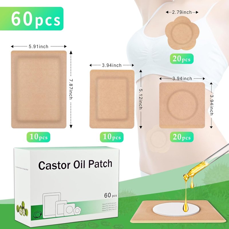 Castor Oil Pack Wraps - 60 Disposable Self-Adhesive Organic Cotton Pads for Belly Button, Stomach & Joints | Leak-Proof & Breathable Design