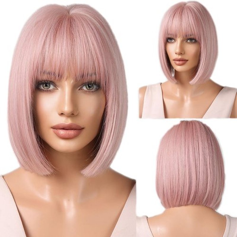 Tangyaoyusun 12Inch Black Wig with Bang Short Straight Bob Hair For Girls Women Theme Party (Pink)