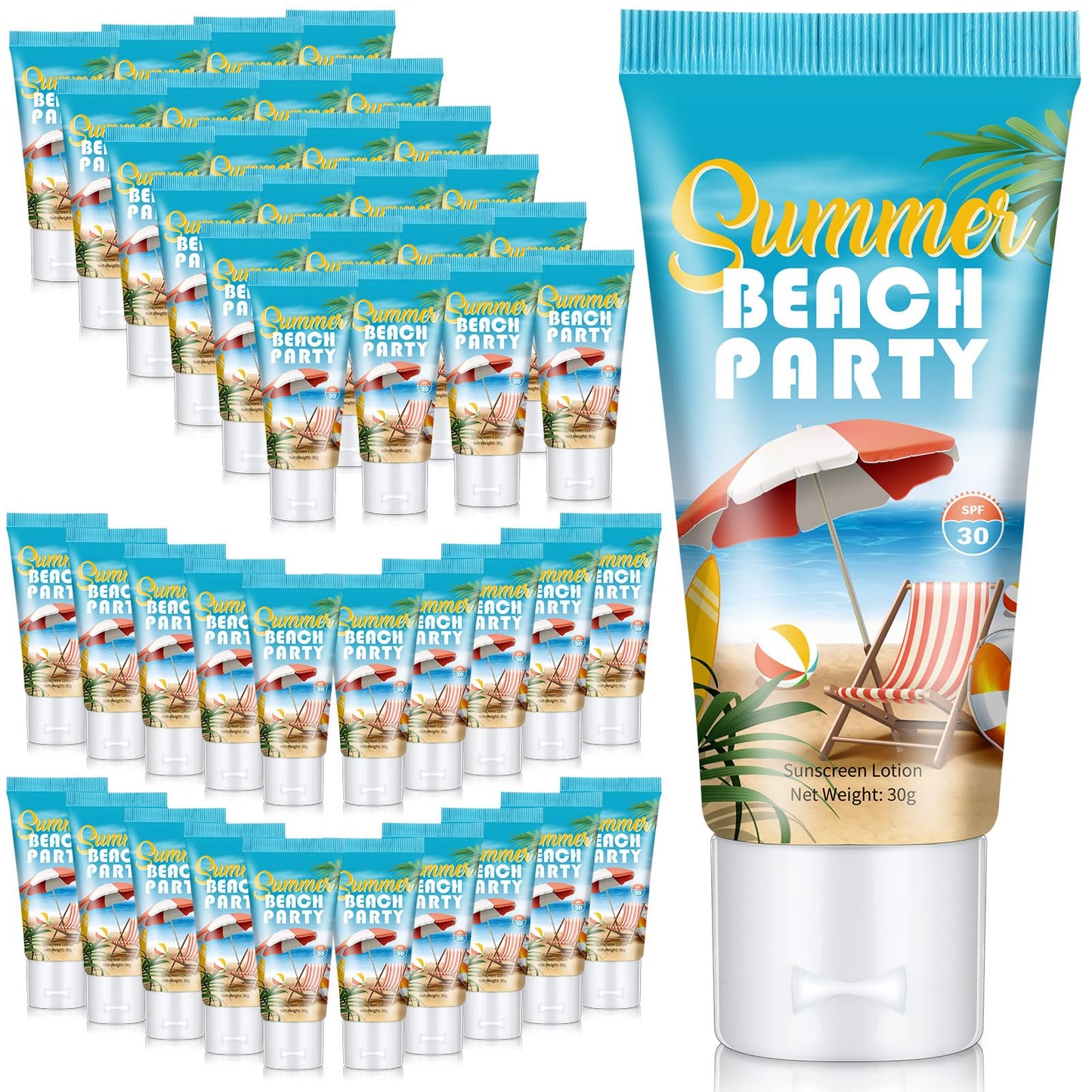 Dansib 72 Pcs Mini Sunscreen Bulk for Summer Party Wedding SPF 30 Water Resistant Sunscreen Lotion Bulk 1oz Travel Size for Thank You Gifts Wedding Supplies (Beach Fiesta)