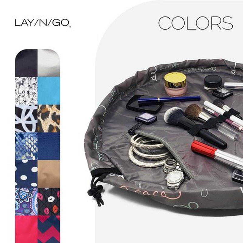 Lay-n-Go Cosmo Drawstring Cosmetic & Makeup Bag Organizer - Portable Drawstring Makeup Bag w/Zipper Pocket & More - Durable, Machine Washable Makeup Bag for Travel (20”, Grit Grace Gratitude)