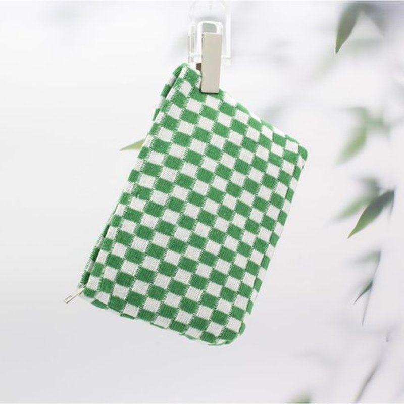 PAZIMIIK Knitted Checkered Makeup Bag Large Zipper Make Up Accessory Pouch for Purse Cosmetic Brush Bag for Travel Essential,Green