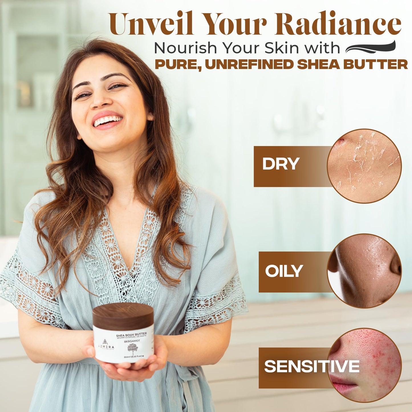AZMERA Handcrafted Whipped Shea Body Butter – Luxurious Moisturizer for Dry, Sensitive Skin with Bergamot, Argan Oil & Vitamin E – Vegan, Non-Greasy Skincare – 8.82 oz