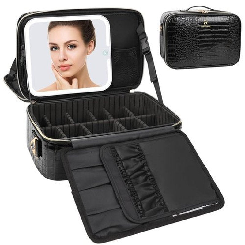 Relavel Makeup Bag with LED Mirror, Makeup Case with Lighted Mirror, Large Capacity Travel Cosmetic Train Case Organizer Box for Women, Dividers and Rechargeable Vanity Mirror (Crocodile Pattern)