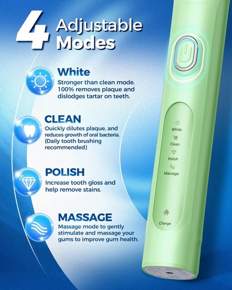 TEETHEORY Rotating Electric Toothbrush for Adults with 8 Brush Heads (2 Types), 4 Modes Deep Clean Electric Toothbrush with Rechargeable Power and 2 Min Smart Timer (6-Green, p1)