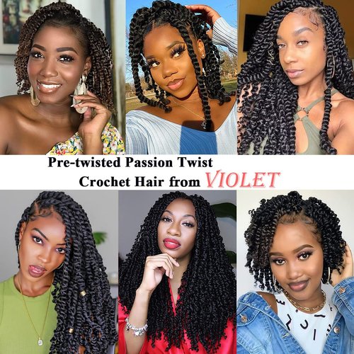Violet Passion Twist Hair 12 Inch 7 Packs Passion Twist Crochet Hair Pretwisted Bohemian Curl Crochet Braids Synthetic Hair Extensions for Black Women (1B, 12 Inch)