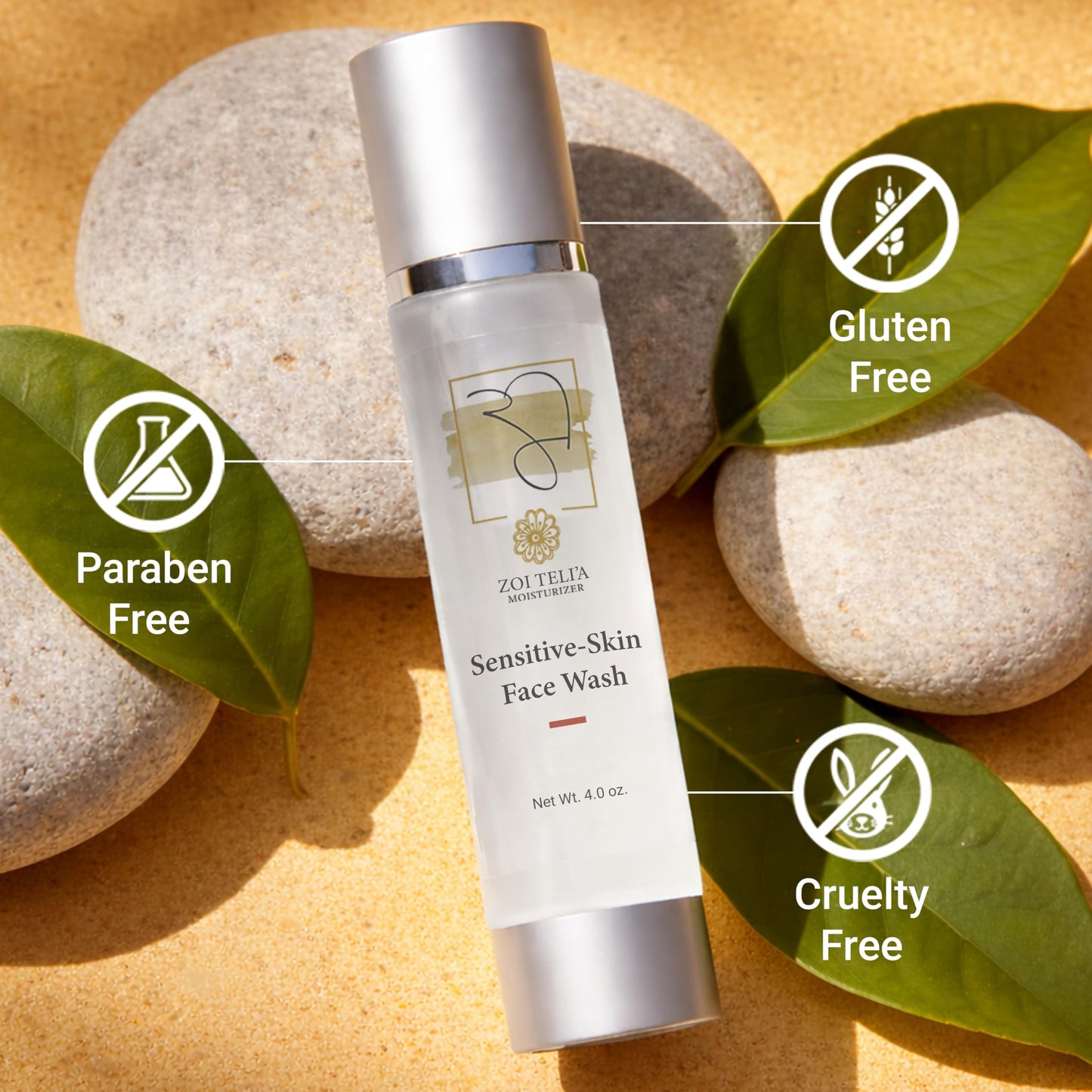 Zoi Teli'a Sensitive Skin Face Wash with Aloe Vera, Burdock Root and Botanical Oils, Fragrance Free Gentle Facial Cleanser Formula for Daily Use - Made in USA - 120ml - Clear