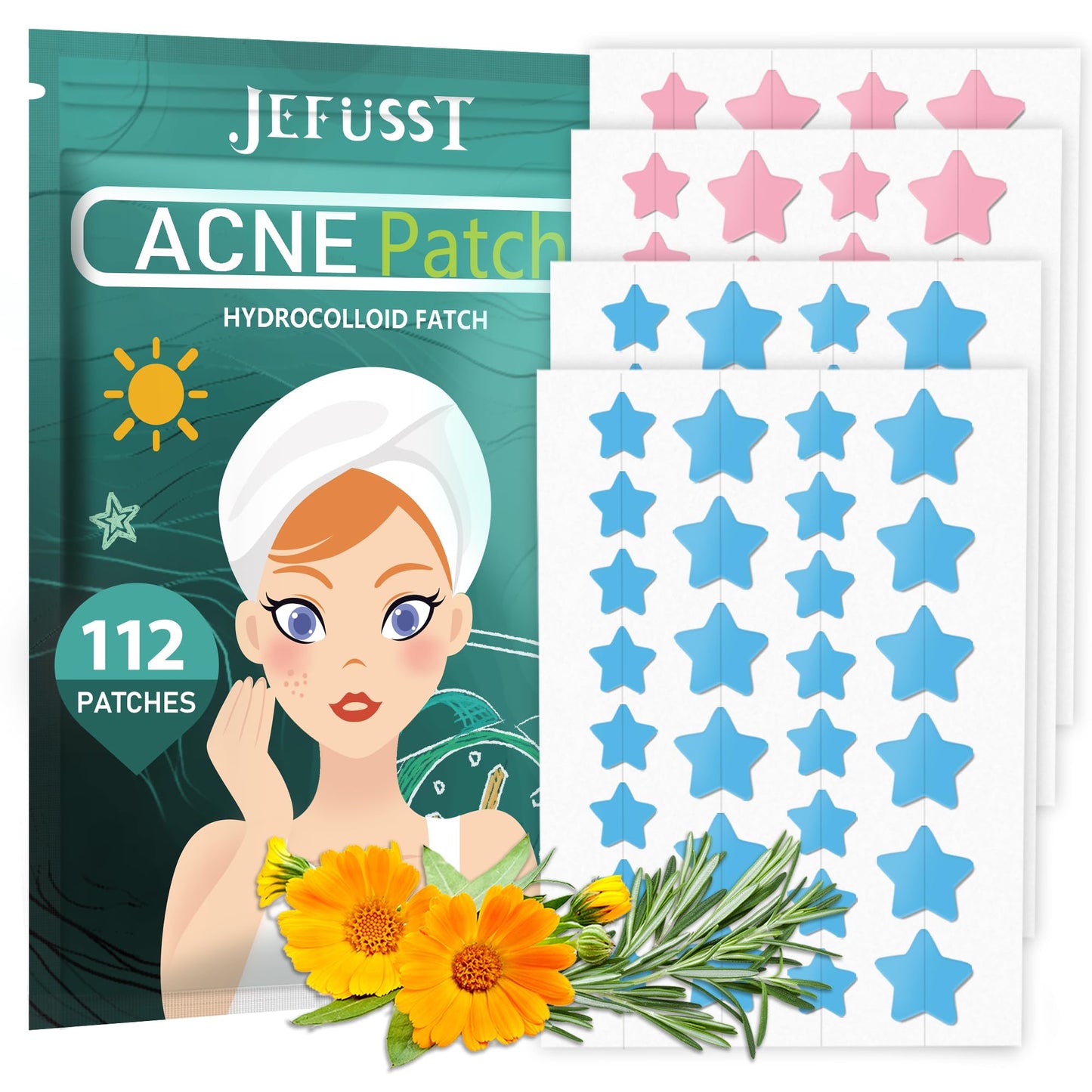 Jefusst Star Acne Patches 112 Counts, Pimple Patch Pimple Patches for Face Pimple Patches Stars Hydrocolloid Acne Patches Cute Zit Patches Healing Sticker, Blue and Pink