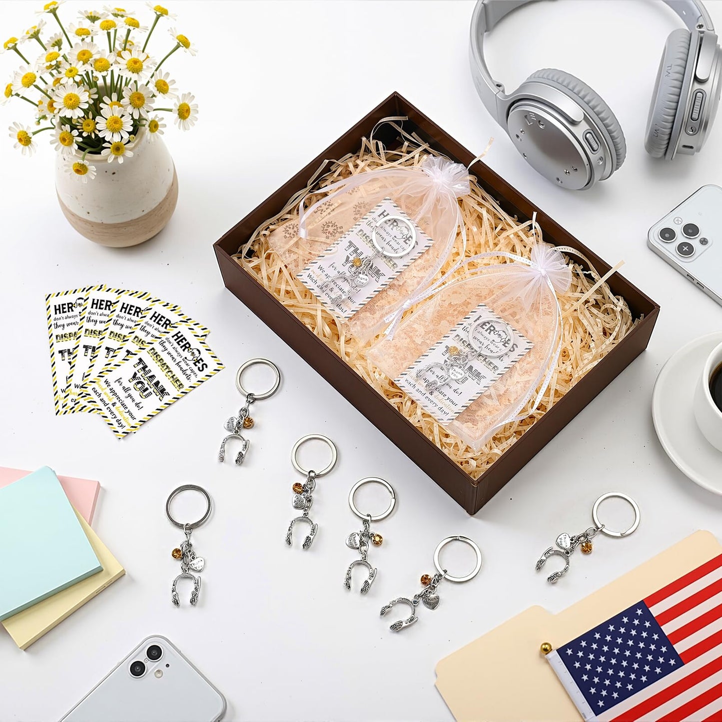 Quelay 12 Sets 911 Dispatcher Keychains Accessories Gifts Headset Keychain with Thank You Card 911 Telecommunicator Week Appreciation Gifts for Npstw Emergency Responder Retirement Office Team Staff