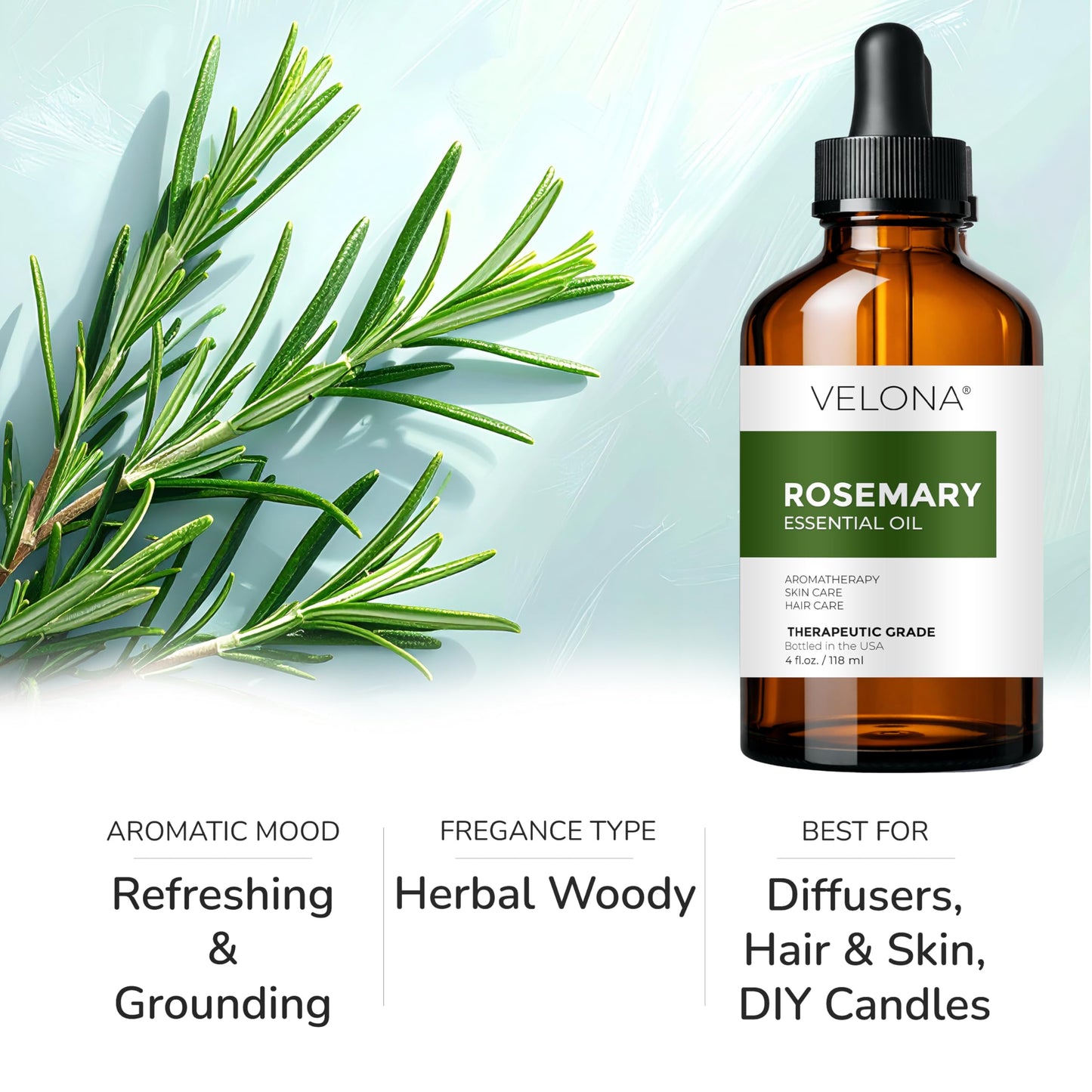 velona Rosemary Essential Oil - 4 Fl Oz | Therapeutic Grade | for Aromatherapy Diffuser, Massage, Skincare, Haircare, Soapmaking