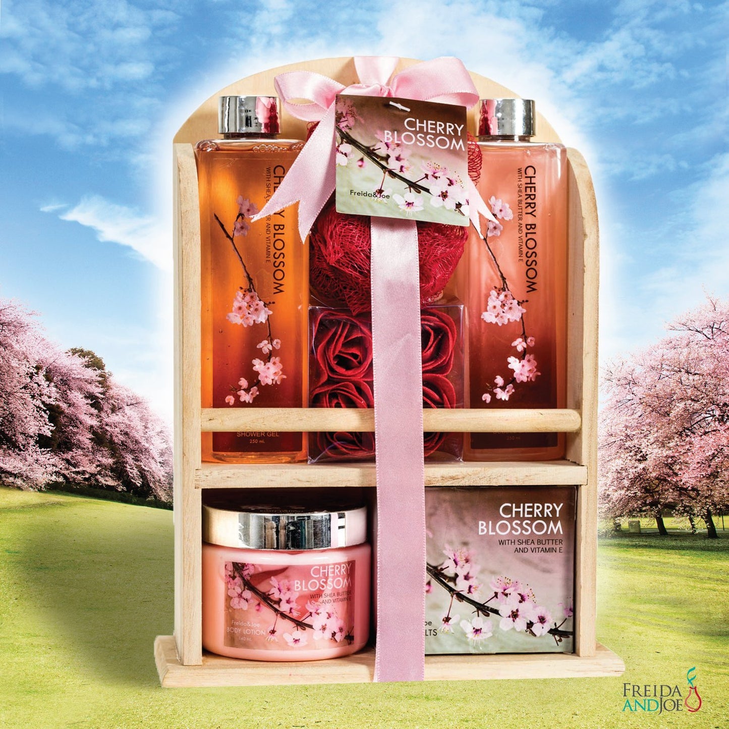 Deluxe Cherry Blossom Spa Basket - Home Spa Set with Bubble Bath, Bath Salts, Body Lotion, Bath Puff, and Rose Soaps in Wooden Curio Gift