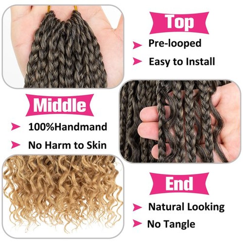 Unionbeauty 24 Inch 8 Packs Boho Box Braids Crochet Hair with Curly Ends Goddess Box Braids Hair Butterfly Bohemian Hippie Braids Pre-looped Ombre Synthetic Braiding Hair Extension for Woman T27#