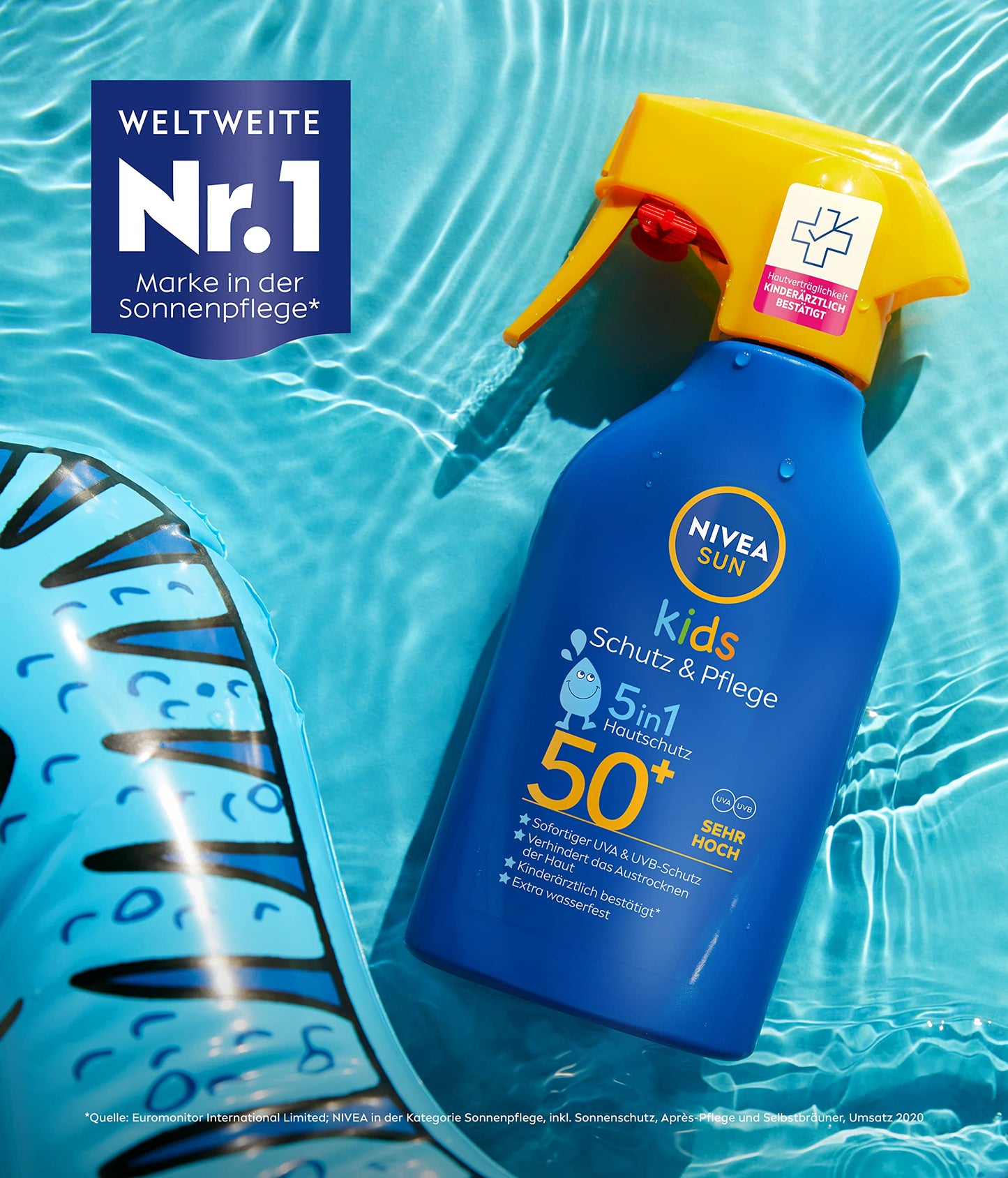 NIVEA SUN Kids Schutz & Pflege 5in1 Hautschutz LSF 50+ Sonnencreme (250 ml), hoher Sonnenschutz mit Bio-Mandelöl, extra wasserfestes Sonnenspray für empfindliche Haut
