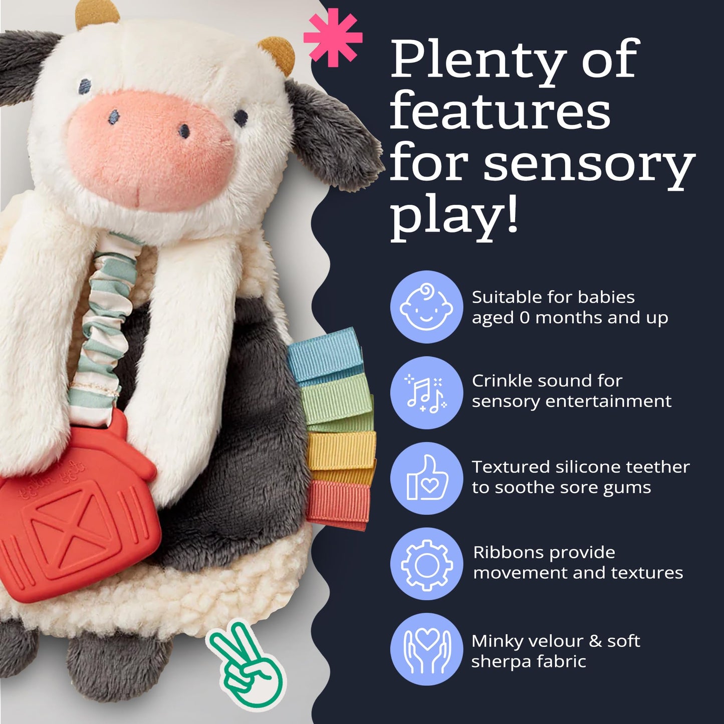 Itzy Ritzy - Itzy Lovey Including Teether - Baby Lovey with Teether, Textured Ribbons & Dangle Arms - Features Crinkle Sound, Sherpa Fabric and Minky Plush (Cow)