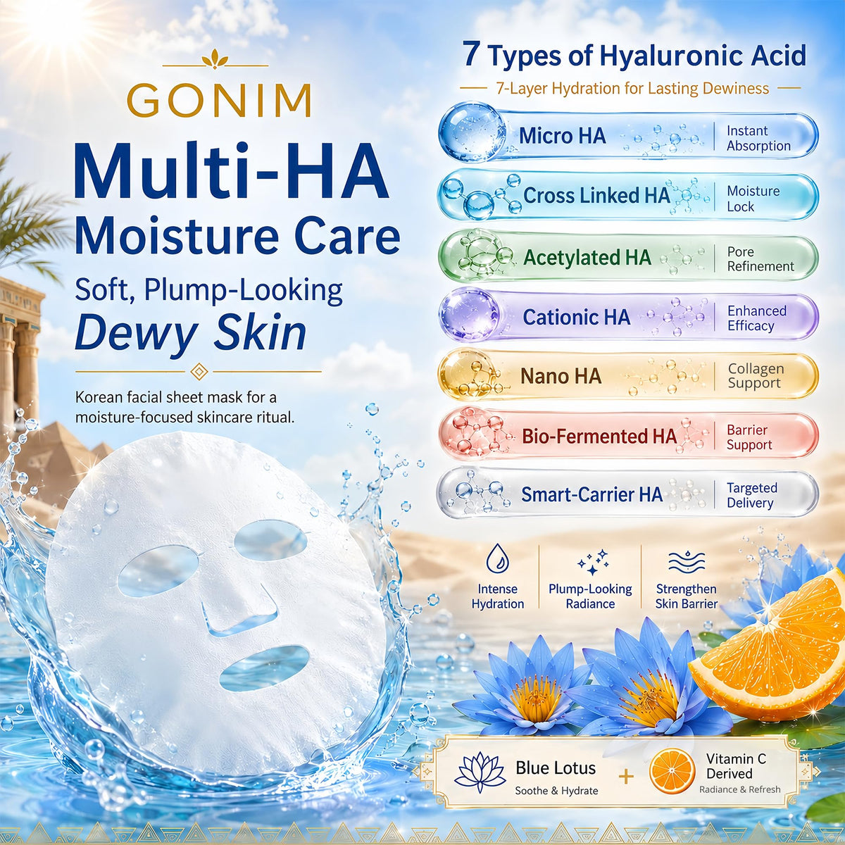 GONIM Korean Face Mask, Hydrating Face Mask with Hyaluronic Acid, Vitamin C