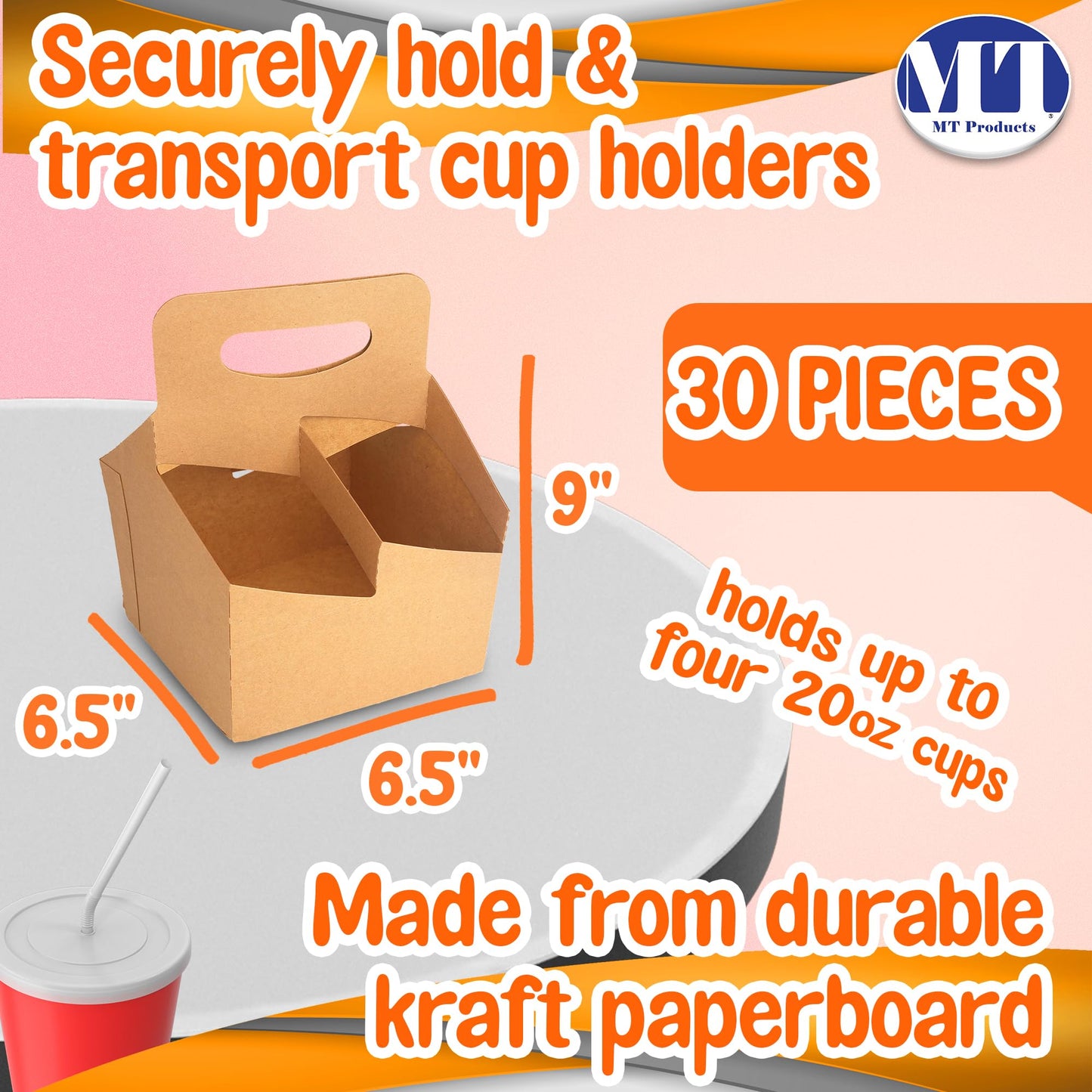 MT Products Kraft 4 Cups Drink Carrier 6.5" x 6.5" x 9" - Disposable Drink Holder (Pack of 30) - Made in the USA