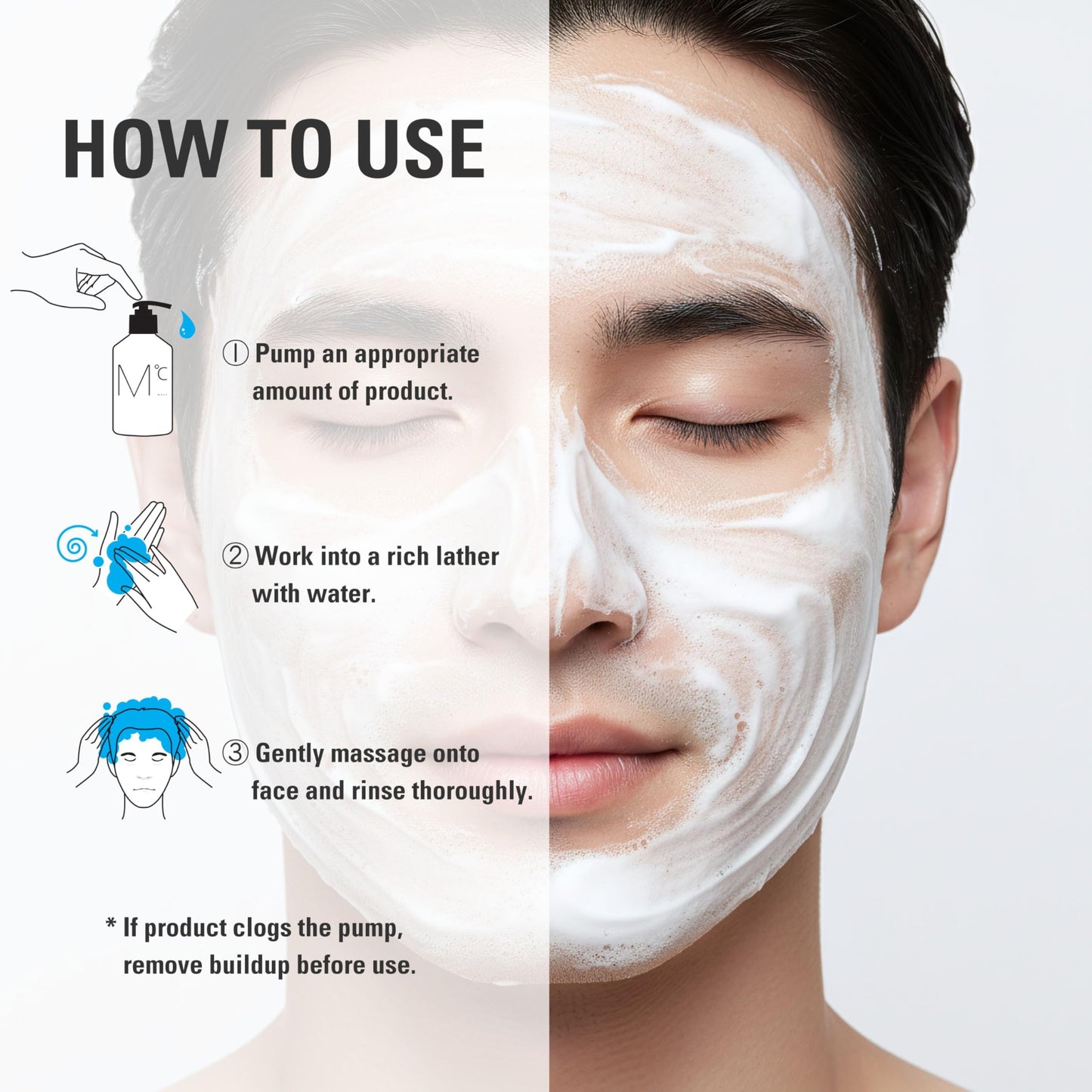 Mdoc Korean Men's Face Wash, Relief Easy Foam Cleanser, 3-in-1 Facial Cleanser for Shaving & Makeup Removal, Cream-to-Foam Pump Cleanser with 10% Cleansing Oil Blend, Korean Vegan Certified, 300ml