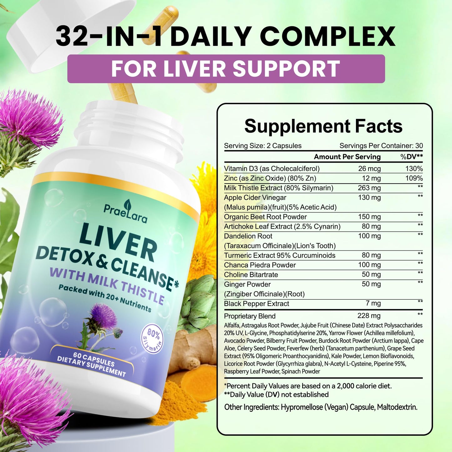 PRAELARA 32-in-1 Liver Cleanse Detox & Repair - Herbal Liver Health Support with Milk Thistle, Dandelion Root, Artichoke & Beetroot | 1250mg, Vegan, Non-GMO - 60 Capsules