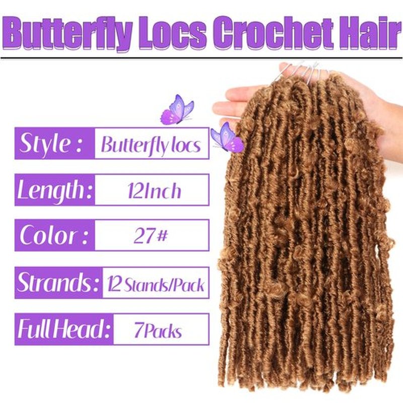 7 Packs Butterfly Faux Locs Crochet Hair 12 Inch Pre-looped Distressed Locs Soft Locs Crochet Hair For Black Women Crochet Braids Hair (12 Inch 7 Packs, 27#)