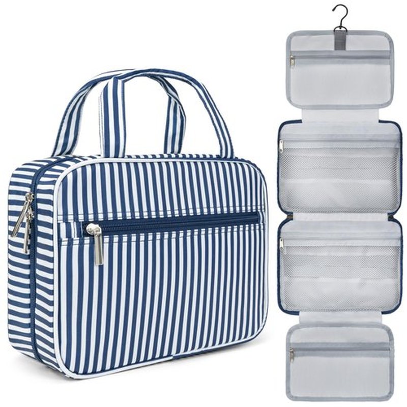 PAVILIA Hanging Toiletry Bag Travel Bag Women Men, Foldable Cosmetic Organizer, Roll up Makeup Bag, Water Resistant Accessories Toiletries, Large Travel Essentials Kit (Navy Stripe)