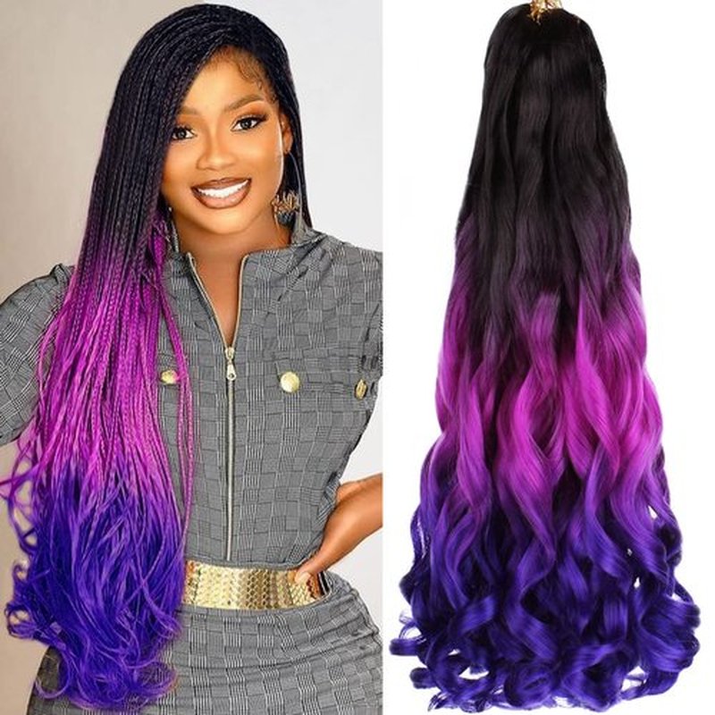 COOKOO 22 Inch French Curl Braiding Hair 9 Packs Pre Stretched Spanish Curly Braiding Hair Ombre 3 Tones Bouncy Curly Braiding Hair with Curly Ends Loose Wavy Crochet Hair (black/purple/dark blue)