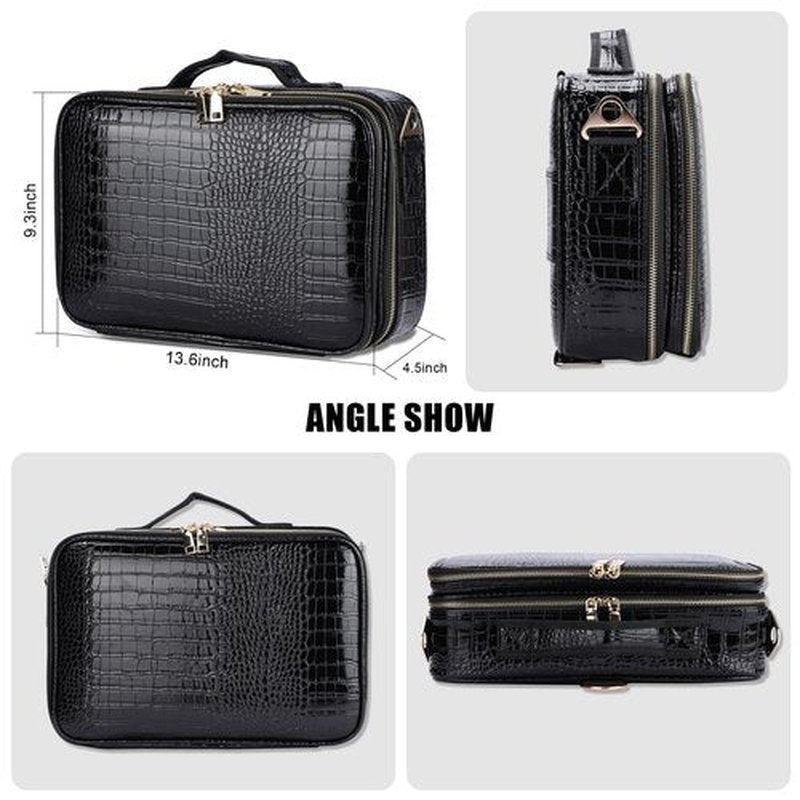 JOURMON Makeup Case 3 Layers Travel Makeup Train Case Crocodile Makeup Bag Organizer Portable Artist Storage Bag with Adjustable Dividers and Shoulder Strap