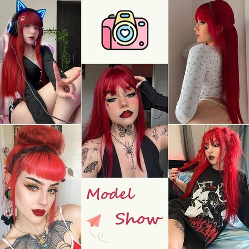 EVLYNN Red Wig With Bangs Straight wig cap for Women Synthetic Burgundy Long Straight Red Wigs for Fashion Women No Lace Wig for Daily Party Cosplay 26 Inch