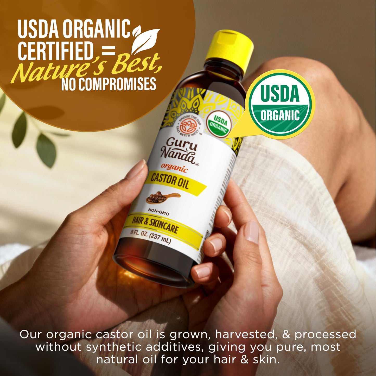 GuruNanda Castor Oil Organic USDA Certified (8 Fl oz) - 100% Pure & Natural, Cold Pressed & Hexane-Free, Hydrating Carrier Oil for Skin, Hair, Eyebrows & Eyelashes Growth (Pack of 2)