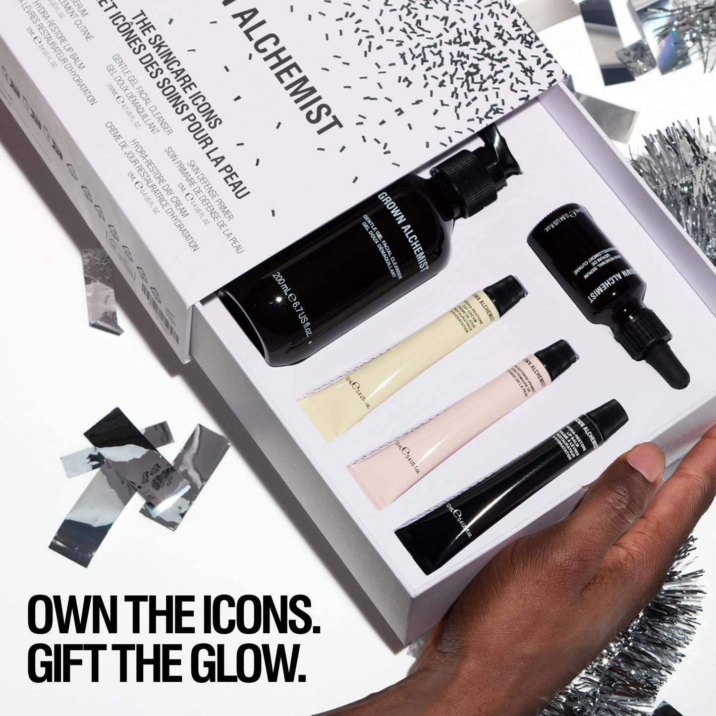 Grown Alchemist Skincare Icons Holiday Gift Set Kit, Hydra-Restore Lip Balm, Gentle Gel Facial Cleanser, Hydra-Restore Day Cream, Skin Renewal Serum & Skin Defense Primer. Hydrating & Anti-Aging Set