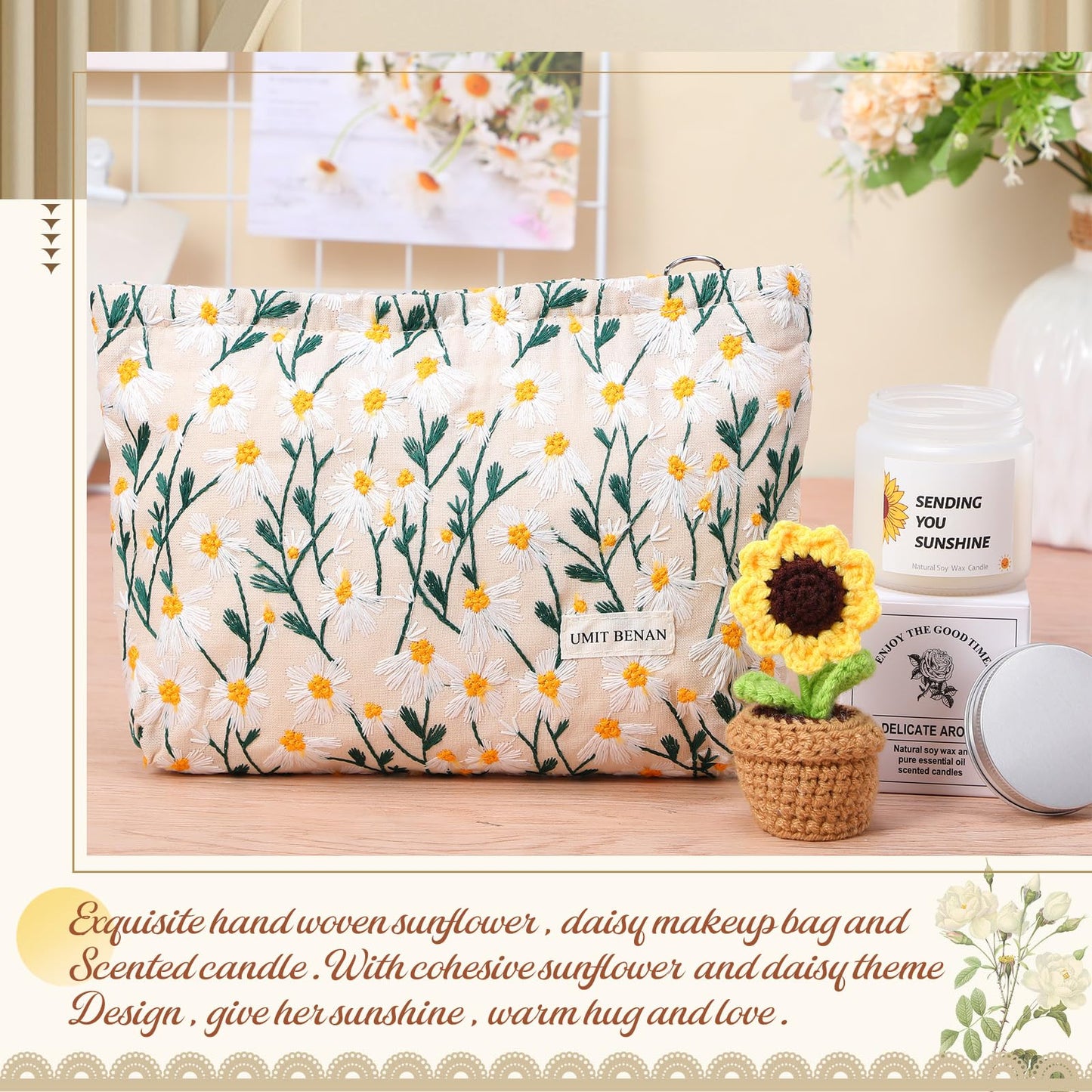 LemonRoad Birthday Gifts for Women, Self Care Gift Basket with Cozy Knit Blanket, Mug, Candle, Socks, Sunflower Decor & Cosmetic Bag, Blanket Gift Set Care Package for Mom Wife Girlfriend Friend