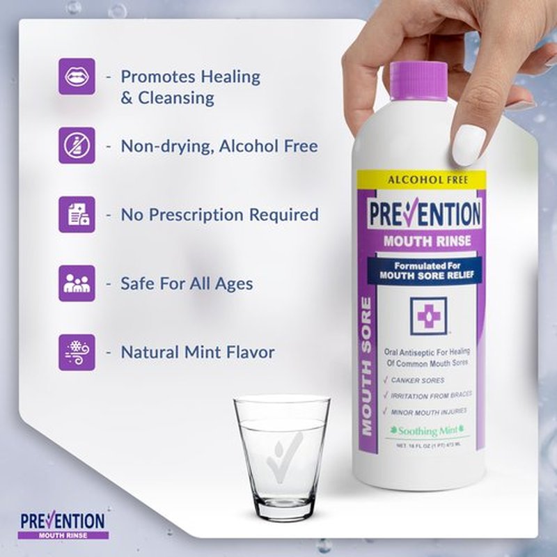 Prevention Mouth Sore Mouth Rinse, Canker Sore Treatment, Oral Pain Relief Mouthwash for Ulcers and Sores, Braces, with Hydrogen Peroxide, Alcohol-Free, Fluoride Free, 16 oz, Soothing Mint, 1 Pack