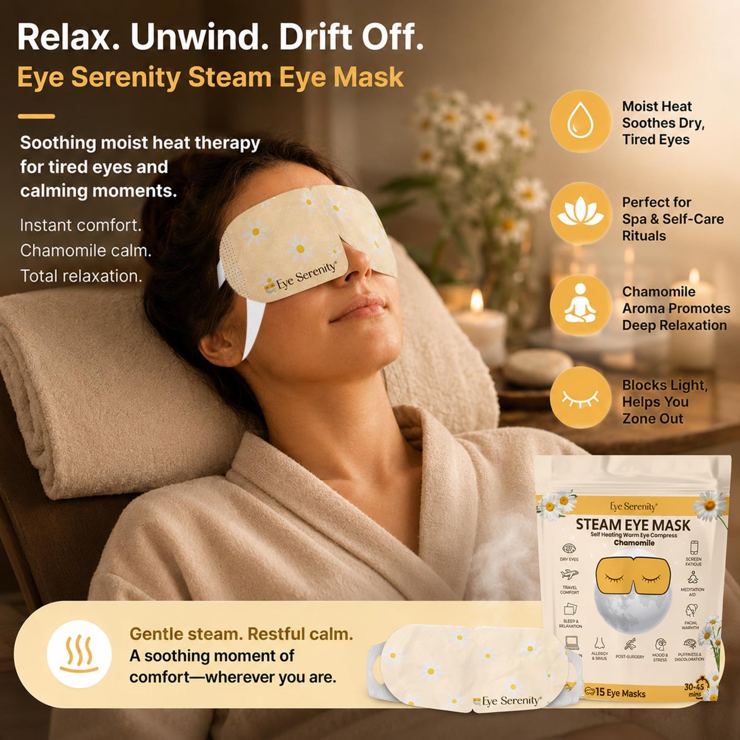 LURE Steam Eye Mask, Heated Eye Mask, Self Heating Warm Compress for Dry Eyes, Fast Relief for Stye, Puffy Sensitive Eyes, Moist Heat, Relaxation Gifts for Women and Men - Chamomile