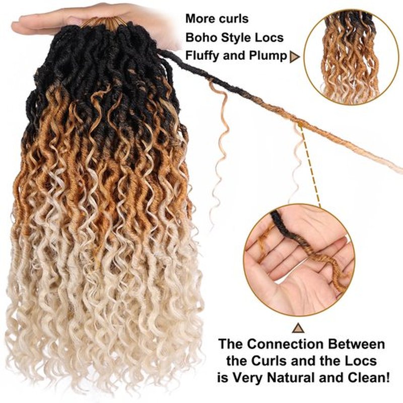 COOKOO 14 Inch Bohemian New Faux Locs Crochet Hair 8 Packs Ombre Goddess Locs Crochet Hair Pre Looped Crochet Braid with Curls Boho Style Hippie Locs Synthetic Hair Extensions for Women 1B/27/613#