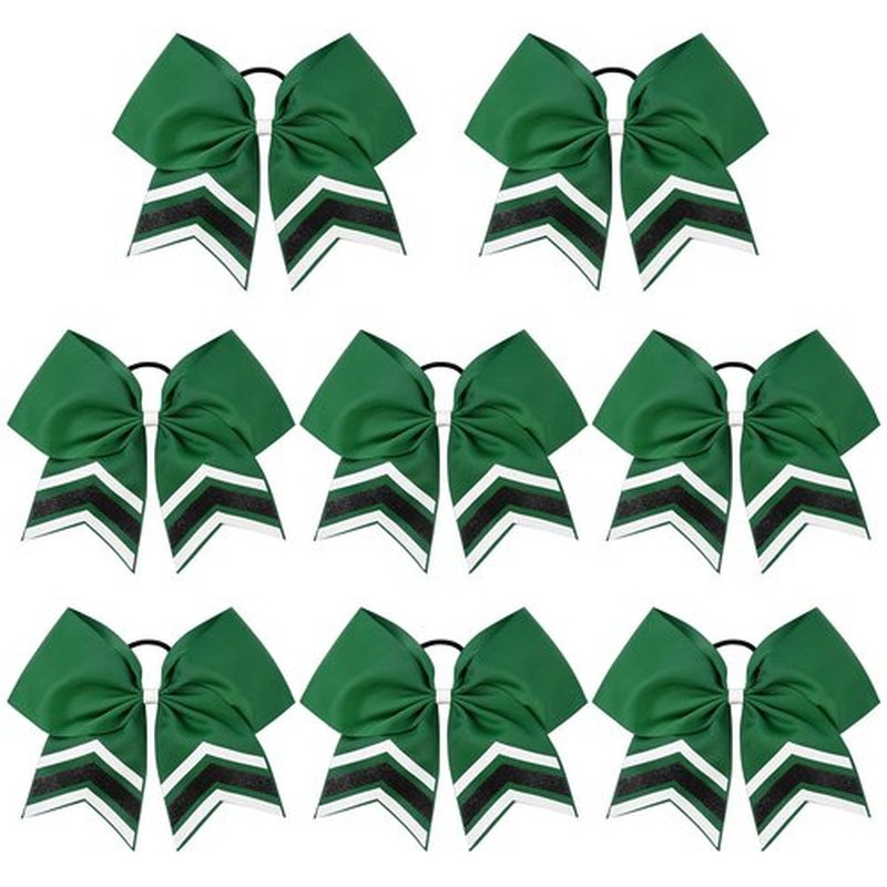 DEEKA 8PCS Large Glitter Cheer Bows Shiny 7" Cheer Hair Bows Ponytail Holder Handmade for Cheerleader Girls Softball Sports -Green/g Black