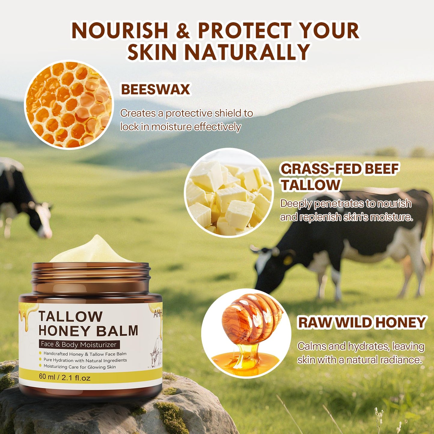 Beef Tallow for Skin – 100% Organic Grass Fed Natural Tallow & Honey Face Balm, Whipped Beef Tallow for Sensitive Skin and Face + Body Care, Moisturizing Natural Formula
