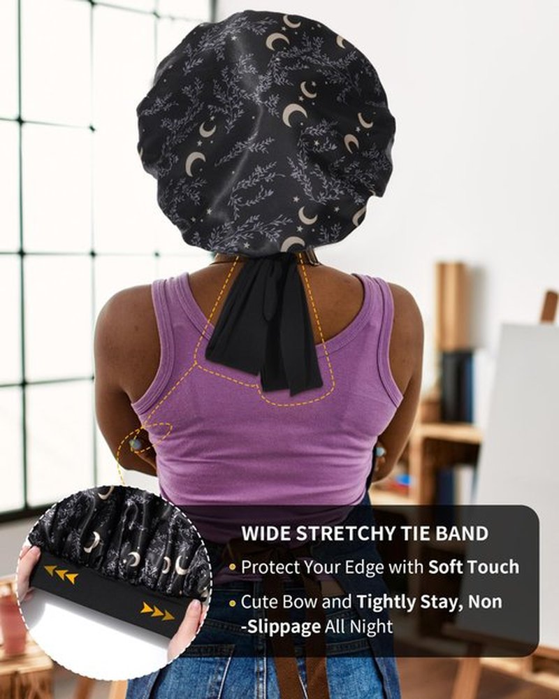 Satin Bonnet for Women Silk Bonnets for Sleeping Curly Hair Bonnet with Elastic Tie Band Reversible Double Layer Sleep Cap Hair Wrap (Black)