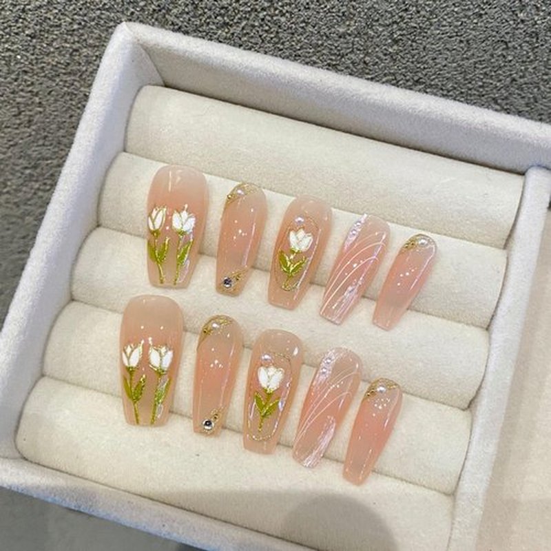 Wsliana Handmade Press On Nails - Medium Length Coffin Shape in Soft Pink with 3D Tulip Design and Plaster Line Sketch, 10pcs Glue On Acrylic Fake Nails with Storage Box (055 S)