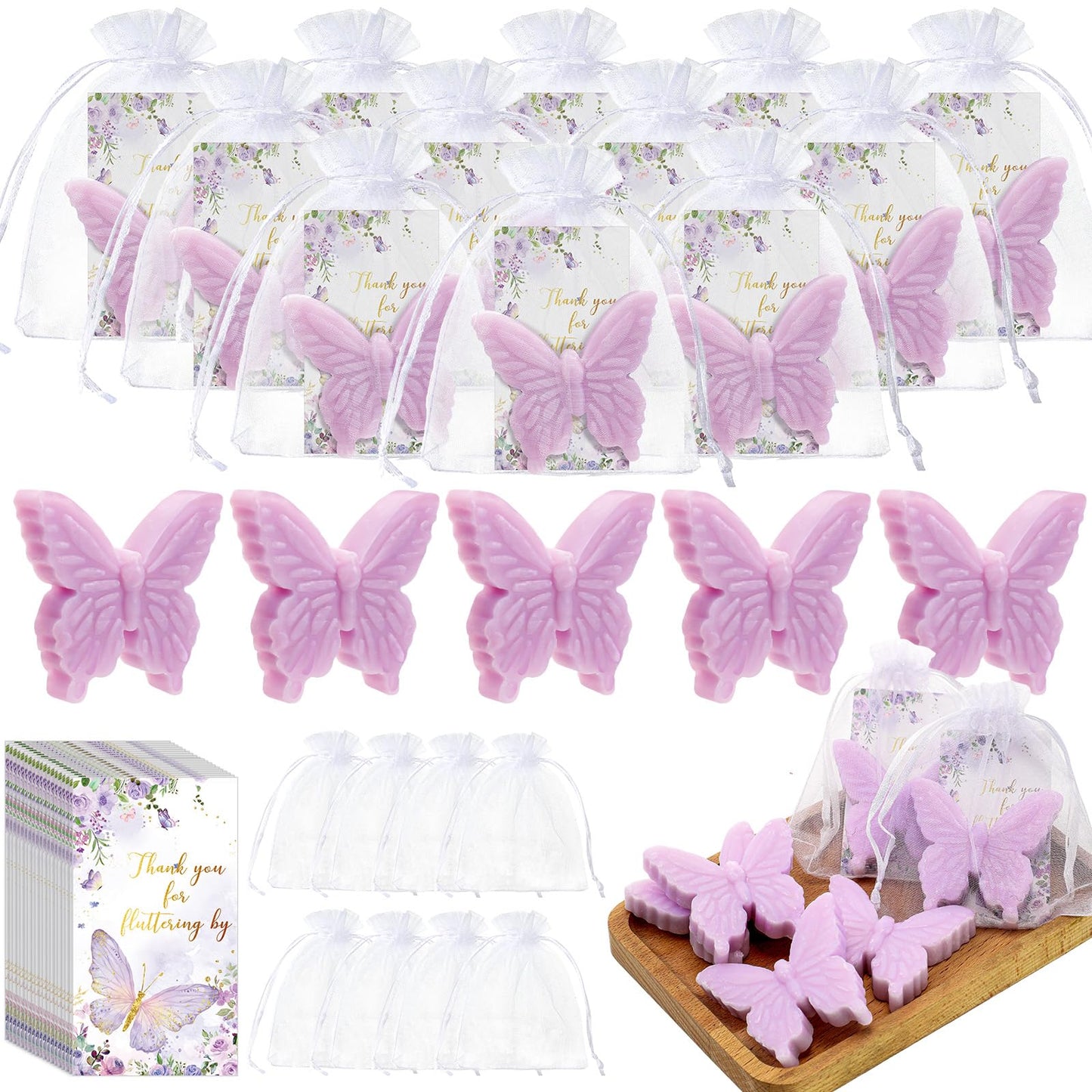 Dunzy 100 Set Butterfly Theme Baby Shower Favors for Guests Butterfly Soap Gifts with Thanks You Card Baptism Gender Reveal Party Wedding Favors Decorations Engagement Souvenirs (Purple)