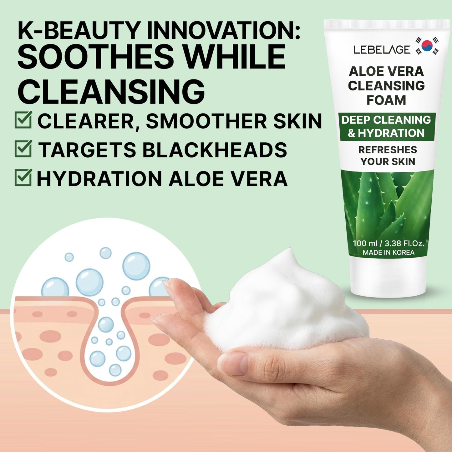 LEBELAGE Korean Aloe Vera Facial Cleanser 3.38 oz | Cleansing Foam Face Wash | Low pH Gentle Hydrating Daily Facial Cleanser Sensitive Skin | Deep Cleansing Foaming Cleanser, Pore Care-All Skin Types