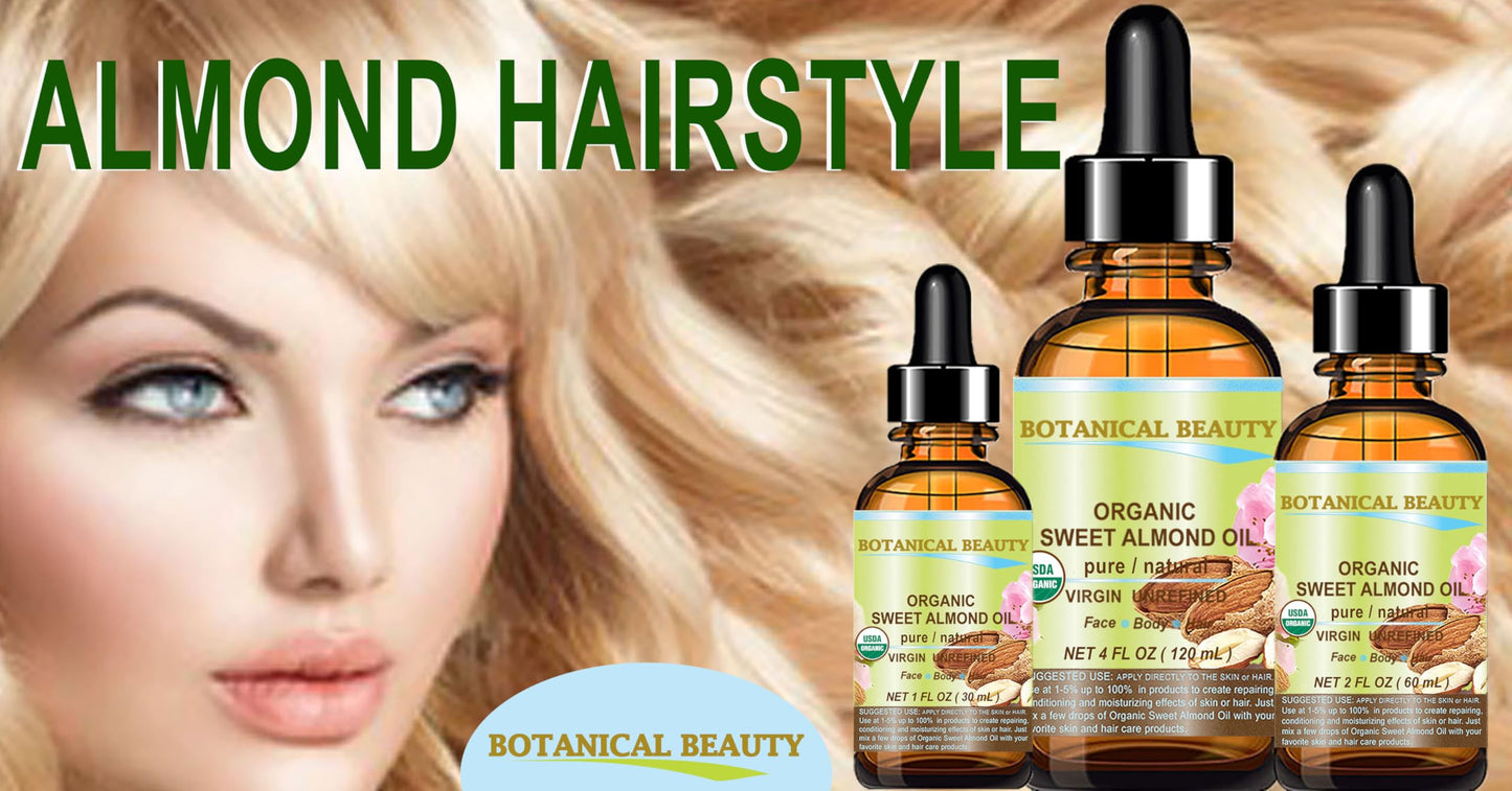 Botanical Beauty‎ Organic SWEET ALMOND OIL 100% Pure Natural Virgin Unrefined Undiluted Cold Pressed Carrier Oil for Face, Skin, Body, Hair, Massage, Nails. 1 Fl. oz - 30 ml
