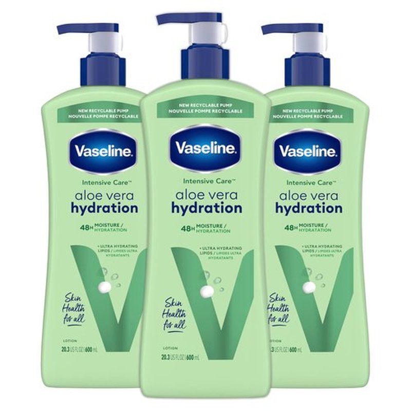 Vaseline Intensive Care Body Lotion for Dry Skin Soothing Hydration Lotion Made with Ultra-Hydrating Lipids + 1% Aloe Vera Extract to Refresh Dehydrated Skin 20.3 oz, Pack of 3