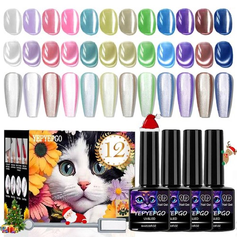 YEPYEPGO Cat Eye Gel Nail Polish Set 12 Colors, Moonlight Jelly Cats Gel Polish Kit with Magnet Stick, Ceramic Magnetic Cat Eyes Gel Crystal Sock Off Nail Art Manicure Gift Kit