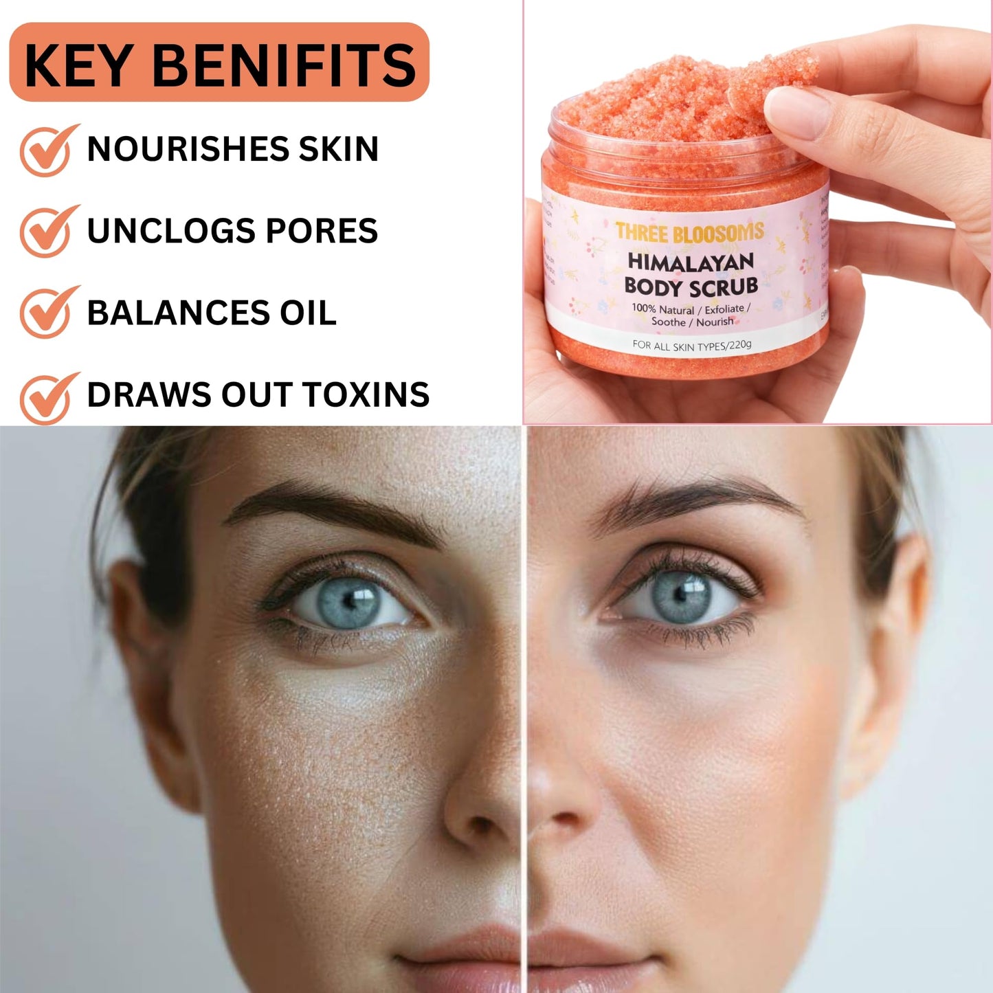 Himalayan Salt Scrub, 220g Skin Balancing, Exfoliating Scrub, Scars & Stretch Marks - Deep Cleansing, Draws Out Impurities, Balances Oil, Skin Care Gift(Himalayan Scrub, 220g)